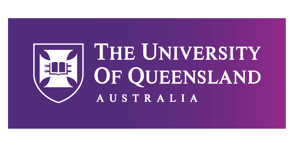 Logo of The University of Queensland, Australia, featuring a white insignia of a book and a cross on a purple gradient background.