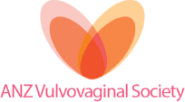 Logo of the ANZ Vulvovaginal Society featuring an overlapping heart-like shape in shades of pink and orange with the organization's name in pink text below.