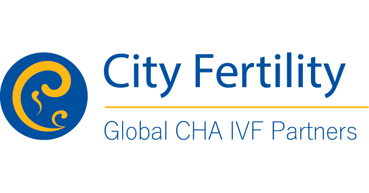 City Fertility logo with the text "Global CHA IVF Partners" beneath it. The design includes a blue circle with a yellow spiral inside.